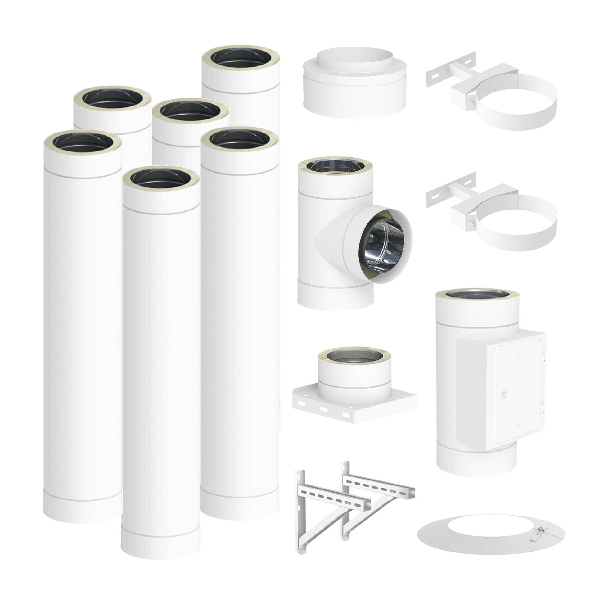 Jeremias DW-WHITE Edelstahlschornstein-Bausatz 6 m – dargestellter Lieferumfang