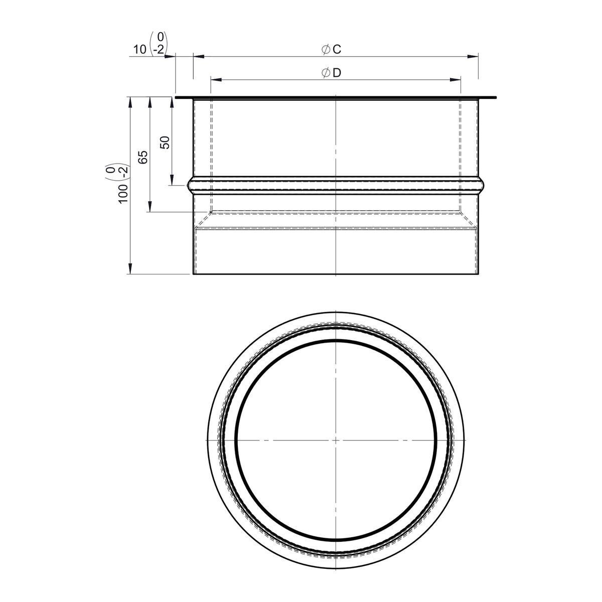 Maßzeichnung Jeremias FERRO-LUX Wandfutter DC01 Stahl doppelt 100mm unlackiert