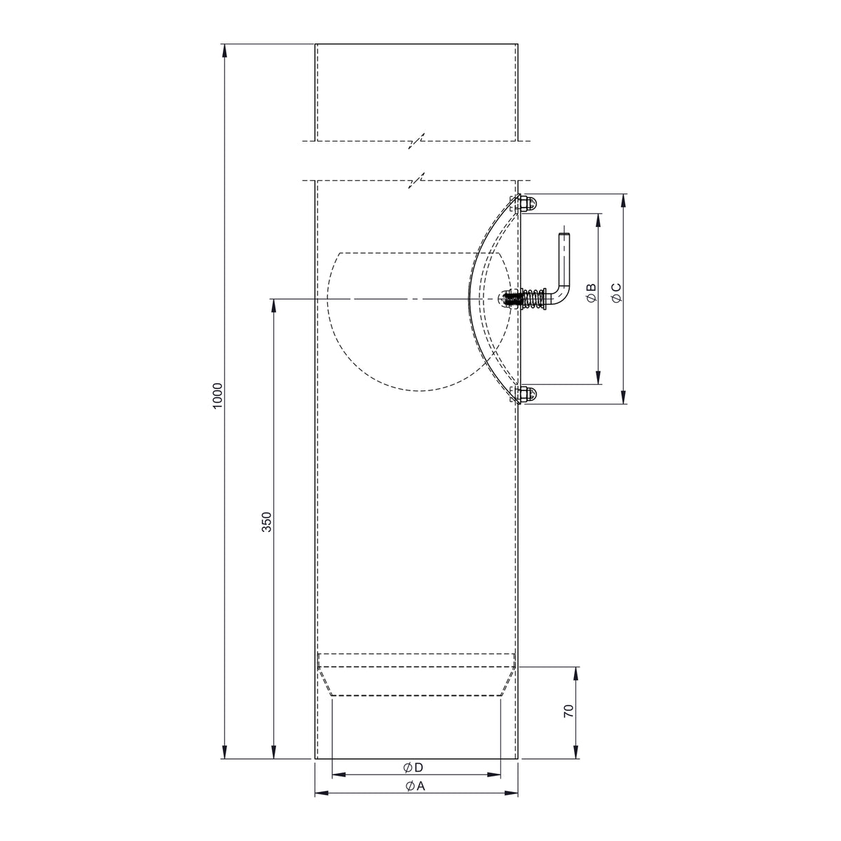 Maßzeichnung Jeremias FERRO-LUX Längenelement 1000mm mit Drosselklappe, Kondensatring und Tür (ohne Einzug)