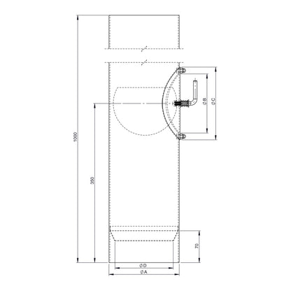 Maßzeichnung Jeremias FERRO-LUX Längenelement 1000mm mit Drosselklappe, Kondensatring und Tür (ohne Einzug)