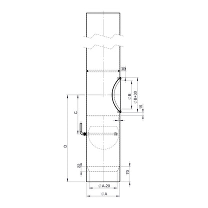 Maßzeichnung Jeremias FERRO-LUX Längenelement 1000mm mit Drosselklappe, Kondensatring, Kugelfang und Tür (ohne Einzug)