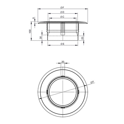 Maßzeichnung Jeremias FERRO-LUX Wandfutter mit Zentrierfedern und Wandrosette 55mm