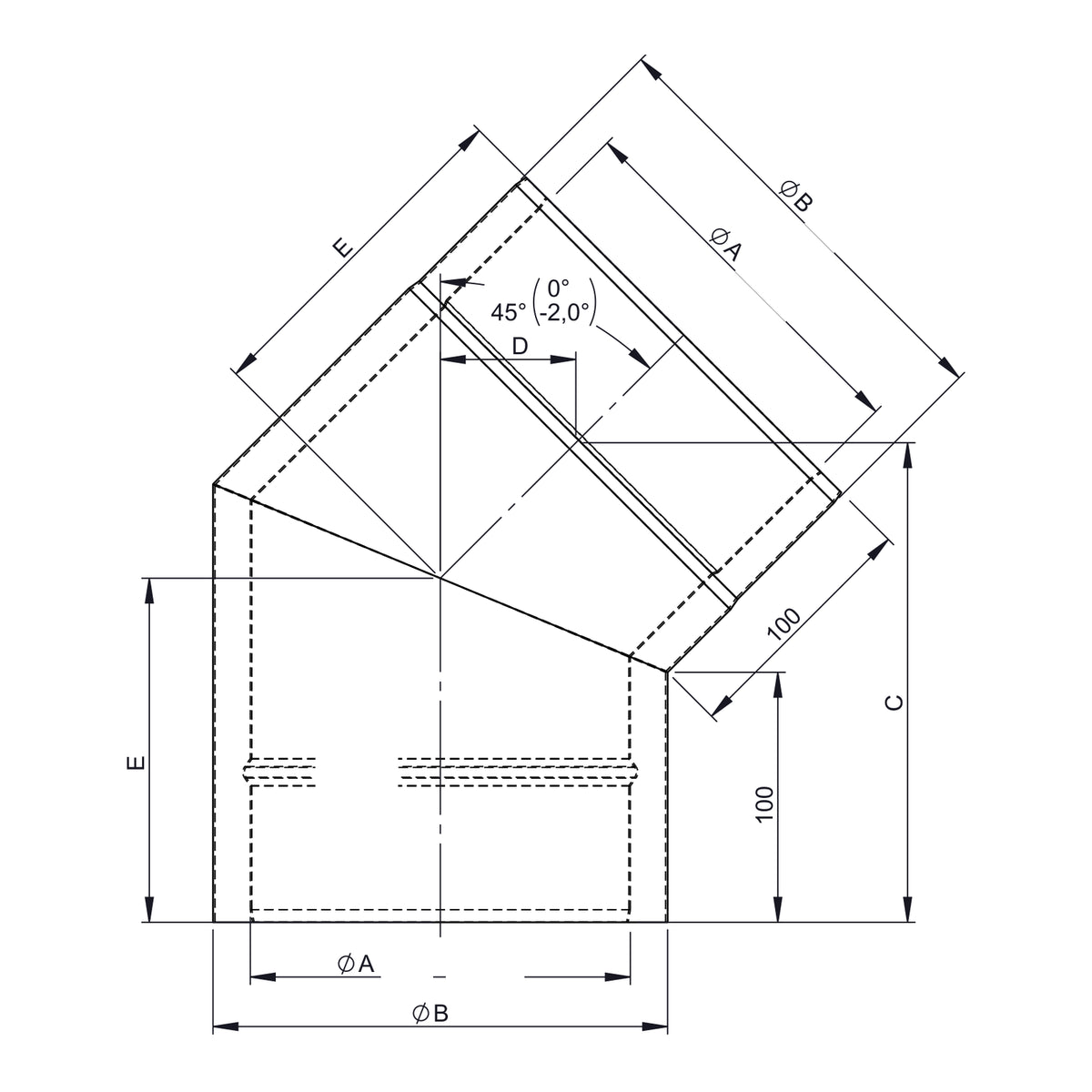 Maßzeichnung Jeremias ISO-LINE Winkel 45° ohne Tür