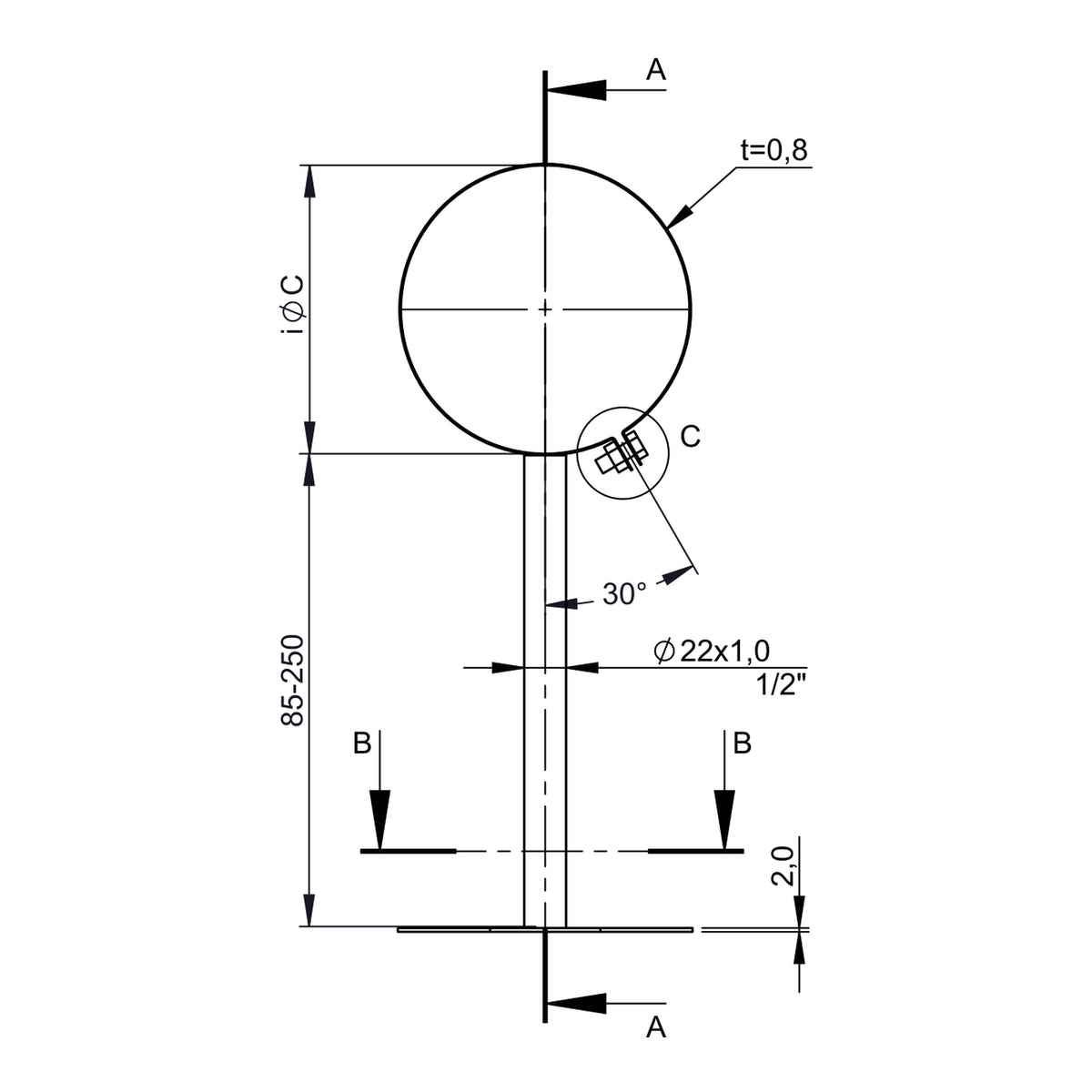 Maßzeichnung Jeremias ISO-LINE Wandhalter bis 250mm, einstrebig