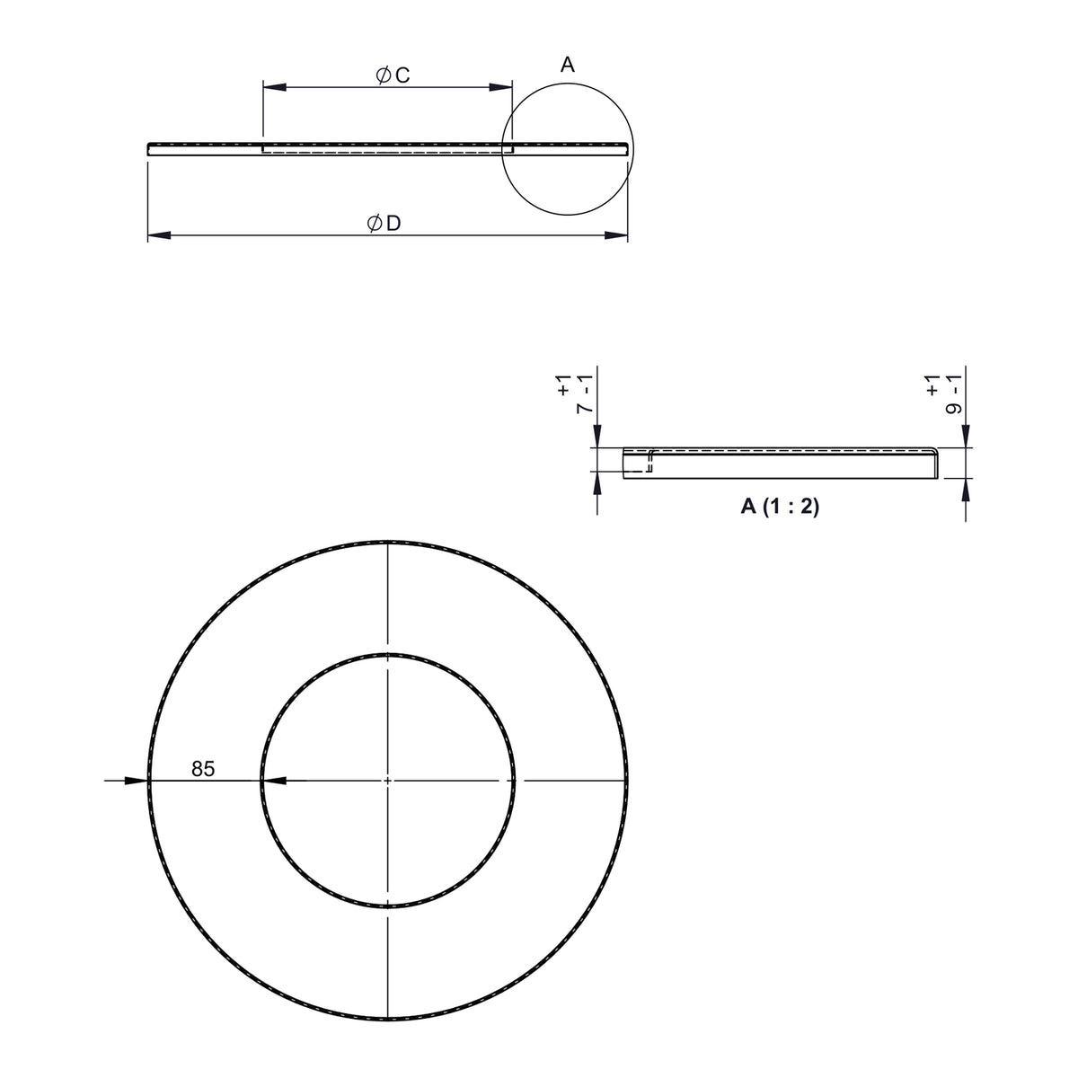 Maßzeichnung Jeremias ISO-LINE Wandrosette groß 85mm