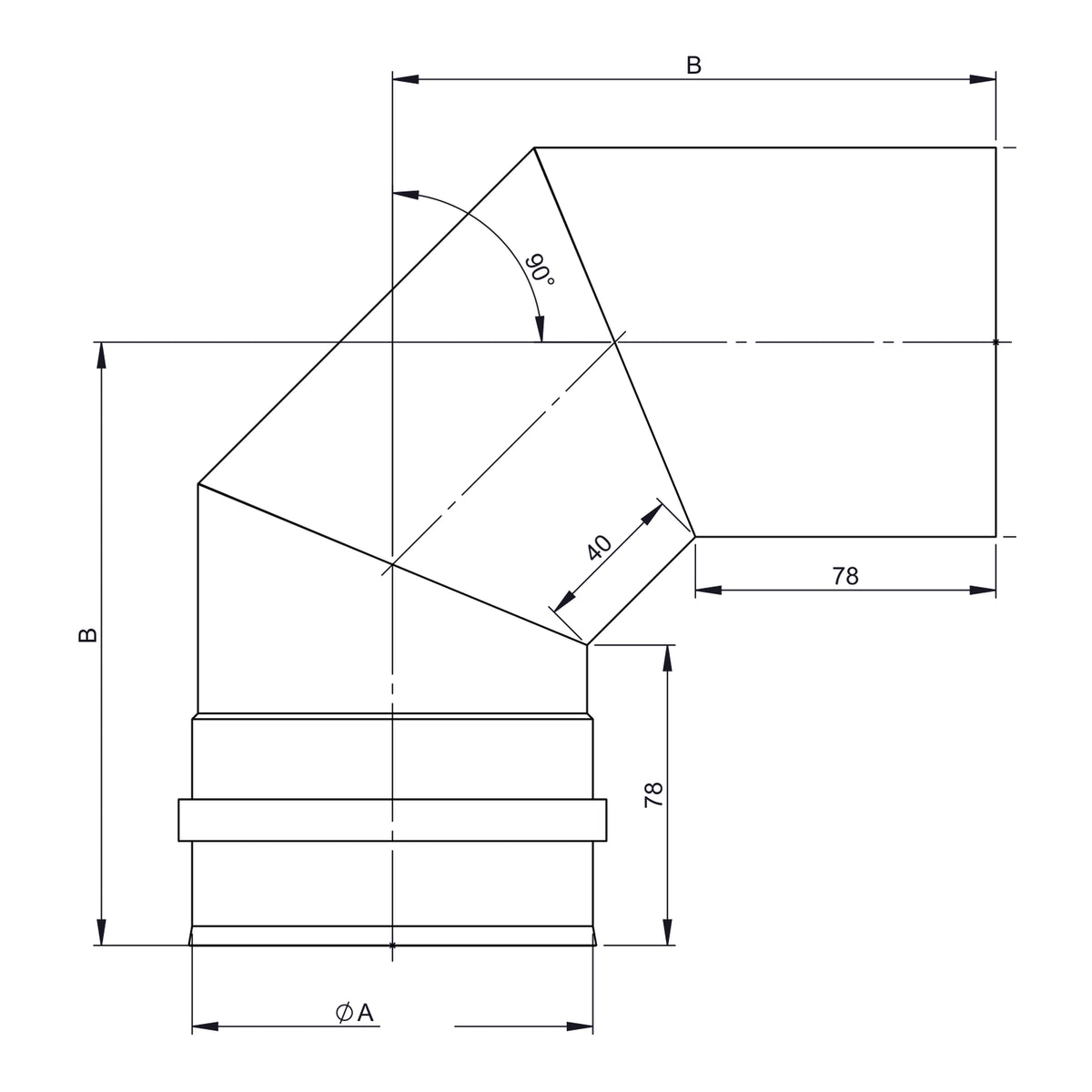 Maßzeichnung Jeremias PELLET-LINE Winkel 90° mit FU-Muffe inkl. Dichtung (Geräteanschluss)