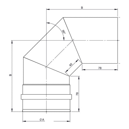 Maßzeichnung Jeremias PELLET-LINE Winkel 90° mit FU-Muffe inkl. Dichtung (Geräteanschluss)