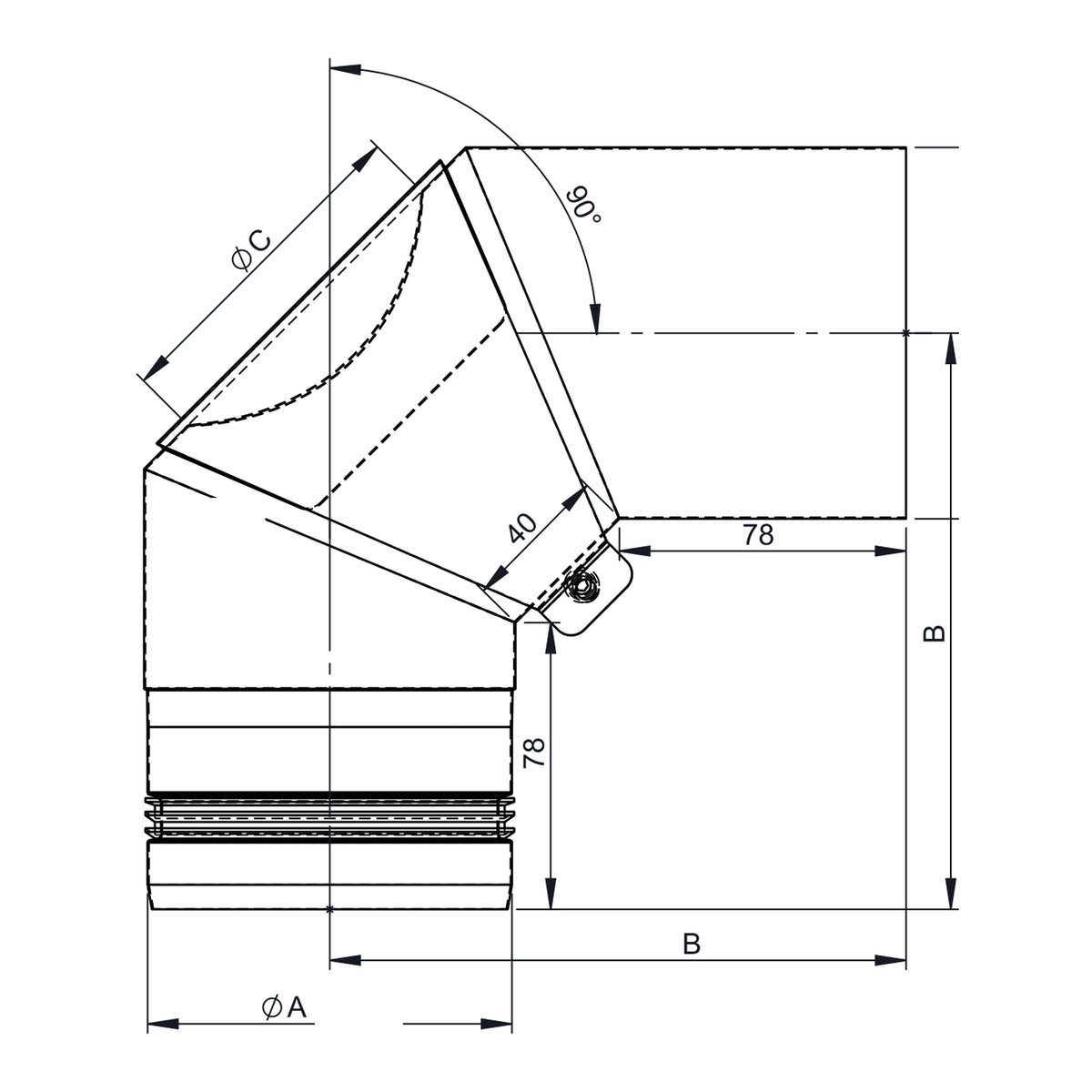 Maßzeichnung Jeremias PELLET-LINE Winkel 90° mit Revisionsöffnung