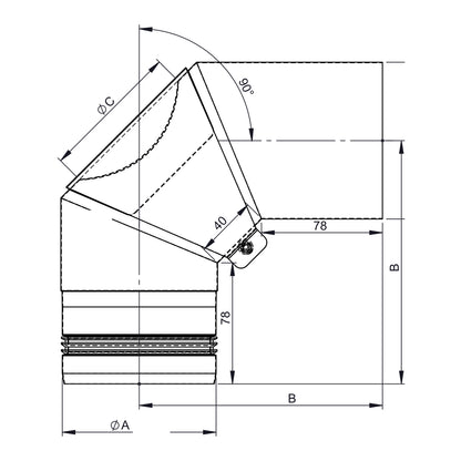 Maßzeichnung Jeremias PELLET-LINE Winkel 90° mit Revisionsöffnung