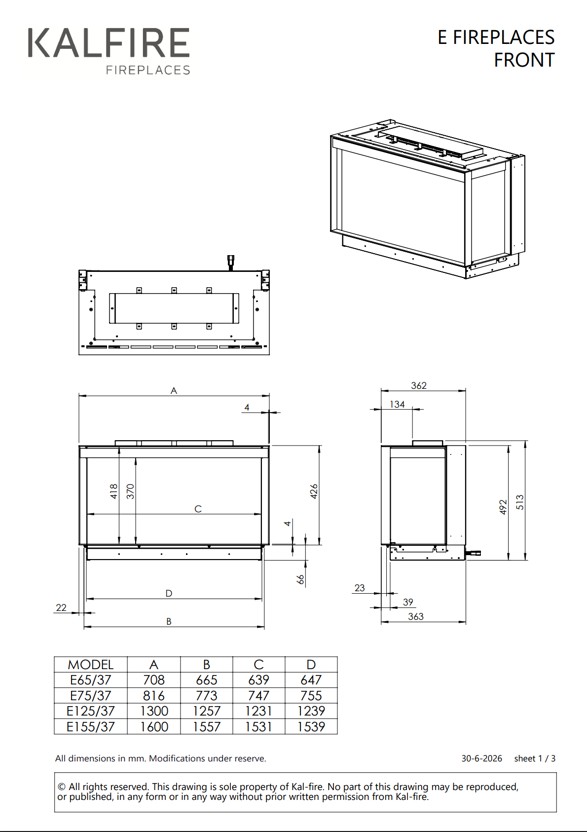 Technische Maßzeichnung Kalfire E75/37 Front