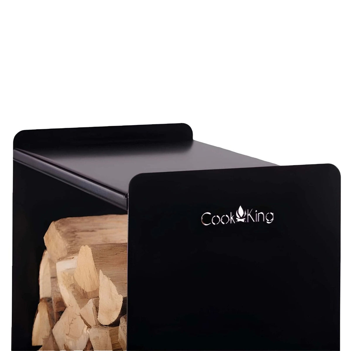 CookKing Kaminholzregal Fuego – Nahaufnahme der oberen Ablage und Seitenwand mit CookKing-Schriftzug