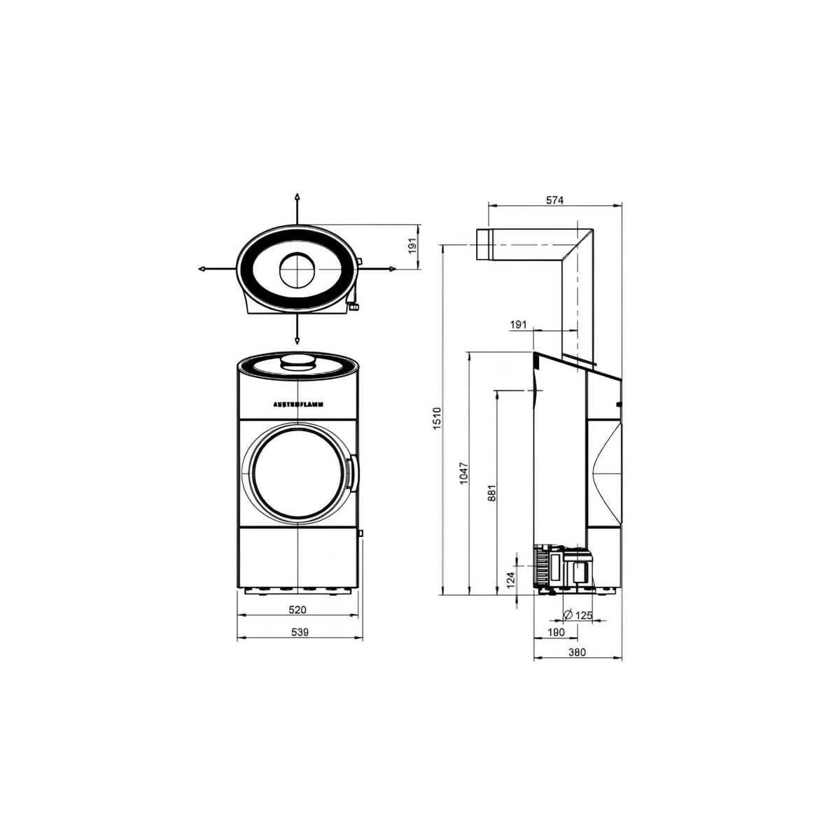 Technische Zeichnung Kaminofen Austroflamm Clou Compact 2.0