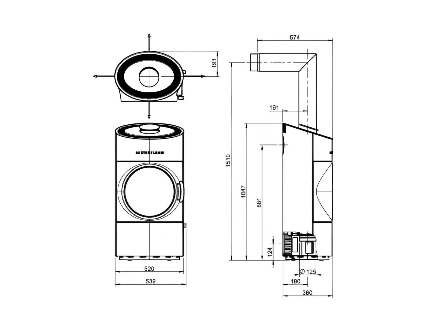 Austroflamm Kaminofen Clou Compact Technische Zecihnung - ofenerlebnis.de
