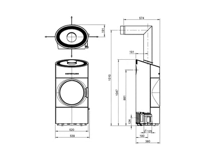 Austroflamm Kaminofen Clou Compact Technische Zecihnung - ofenerlebnis.de