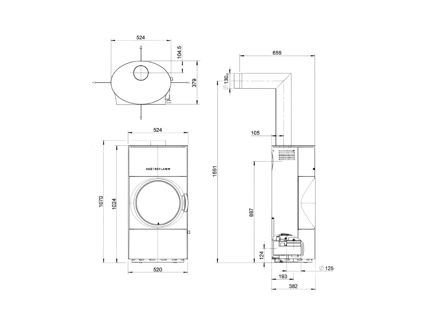 Austroflamm Kaminofen Clou Compact Cook Technische Zeichnung - ofenerlebnis.de