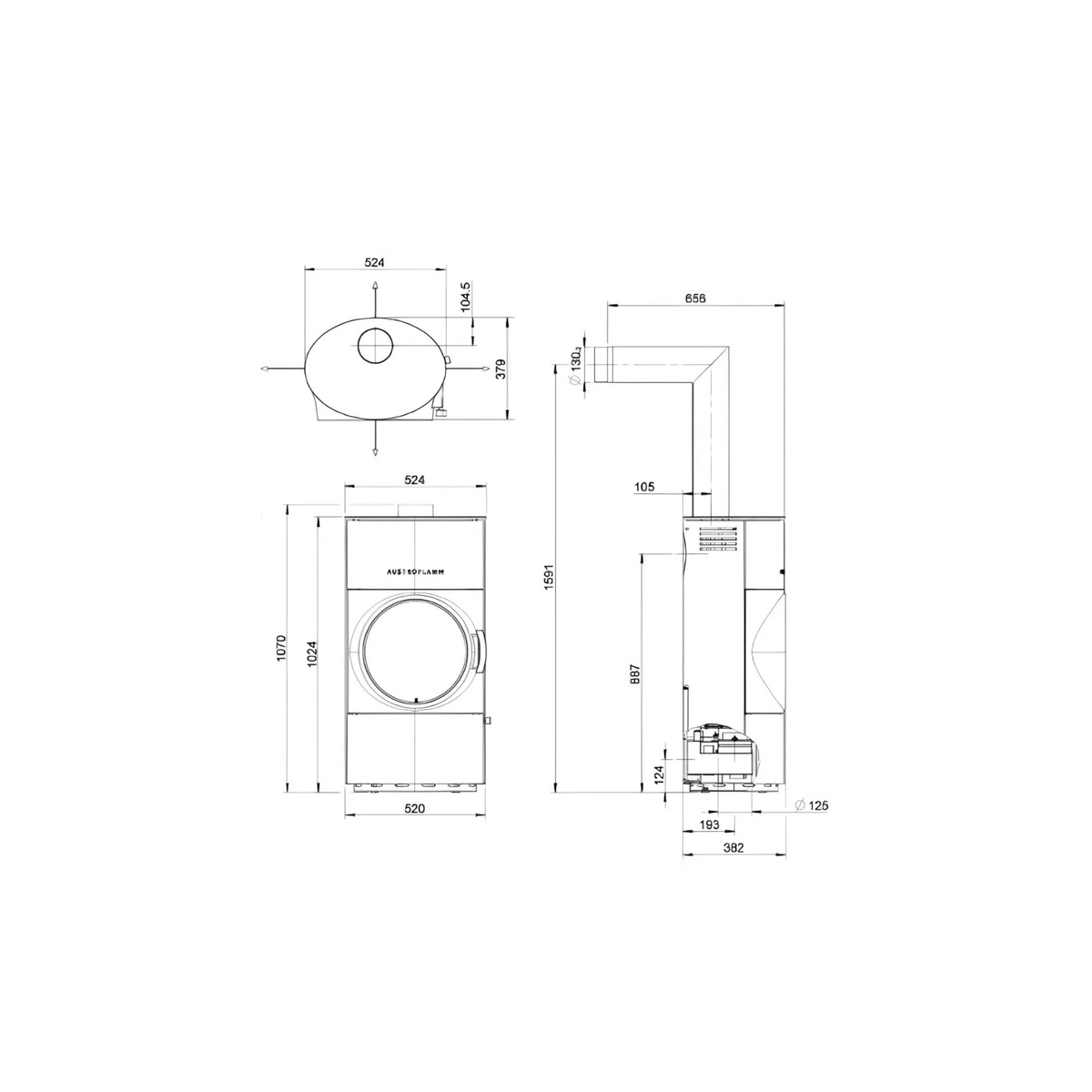 Technische Zeichnung Kaminofen Austroflamm Clou Compact Cook