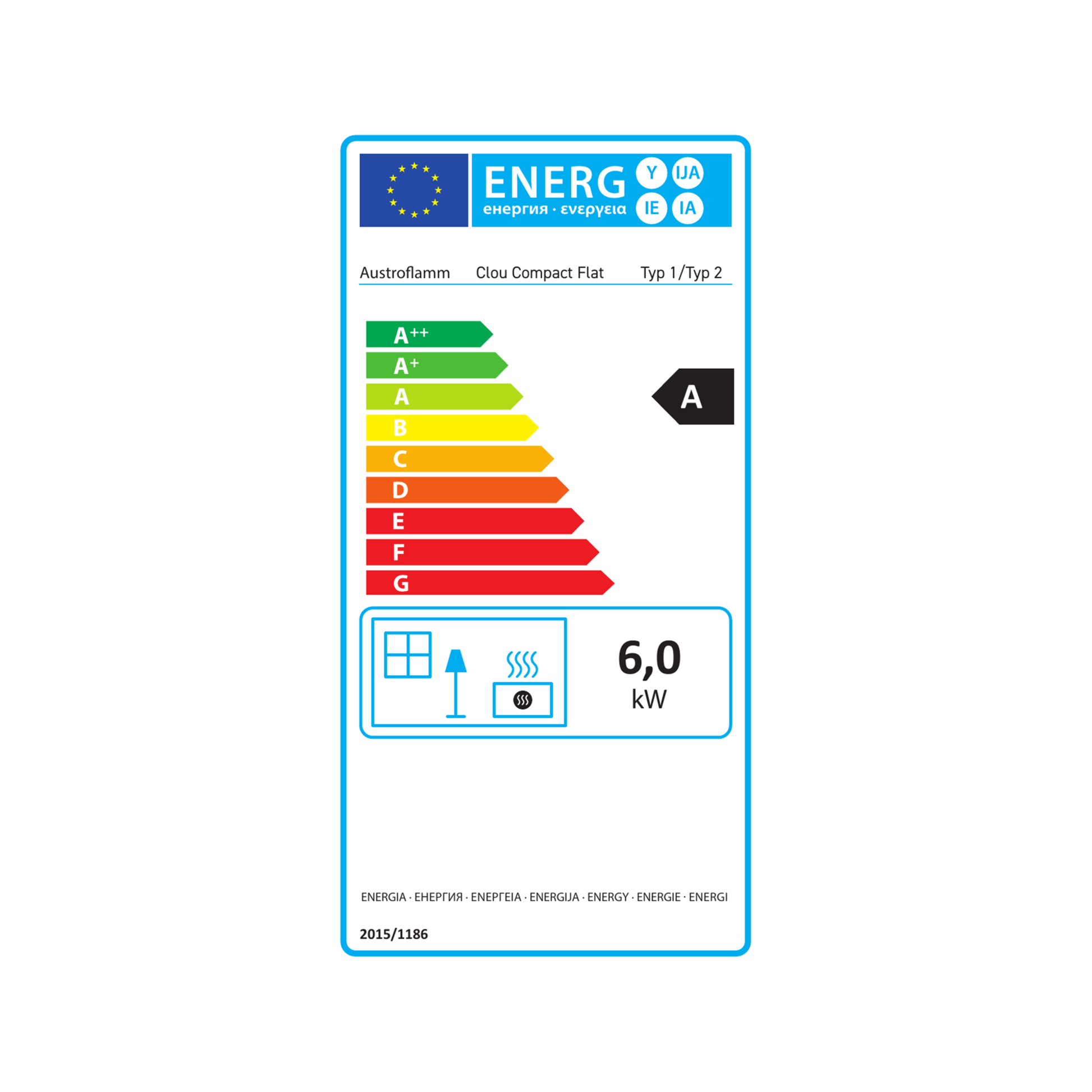 Energielabel Kaminofen Austroflamm Clou Compact Flat 6 kW