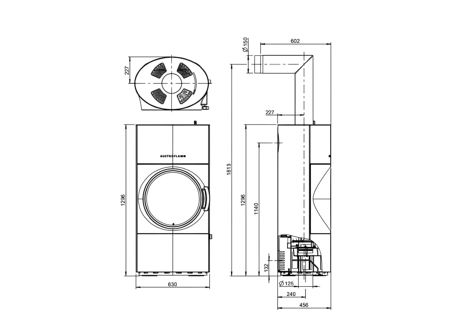 Austroflamm Kaminofen Clou Xtra Technische Zeichnung - ofenerlebnis.de