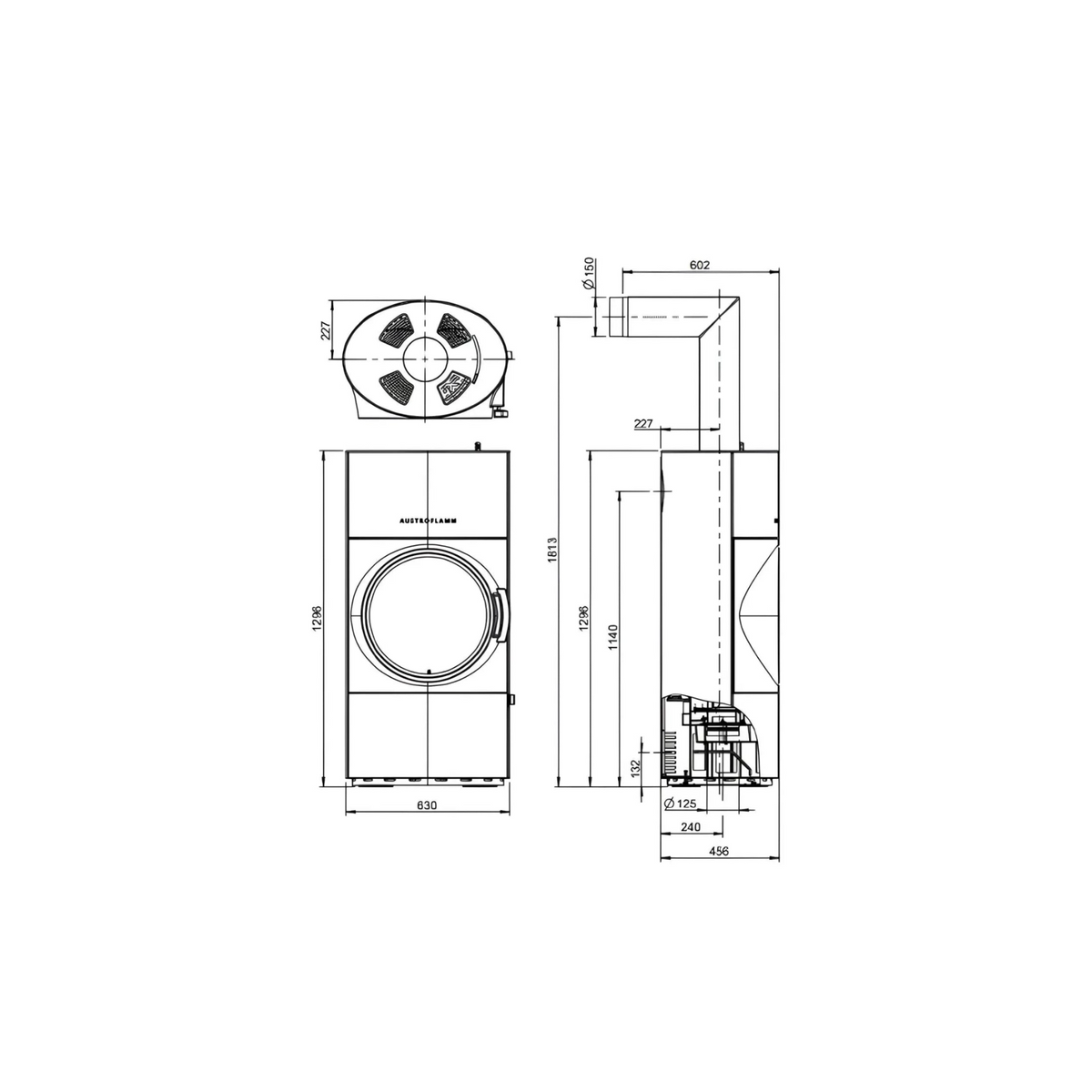 Technische Zeichnung Kaminofen Austroflamm Clou Xtra 2.0