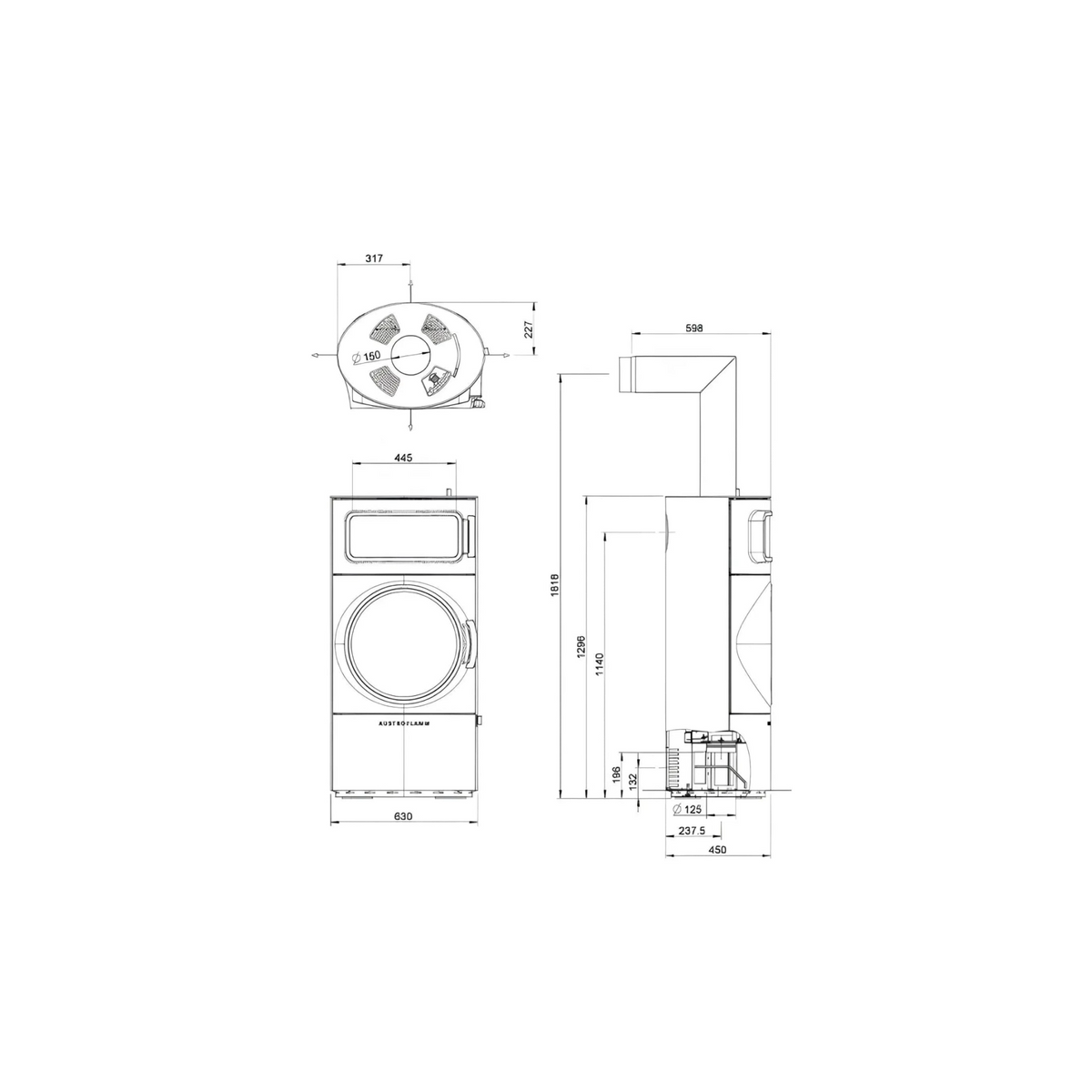 Technische Zeichnung Kaminofen Austroflamm Clou Xtra Back