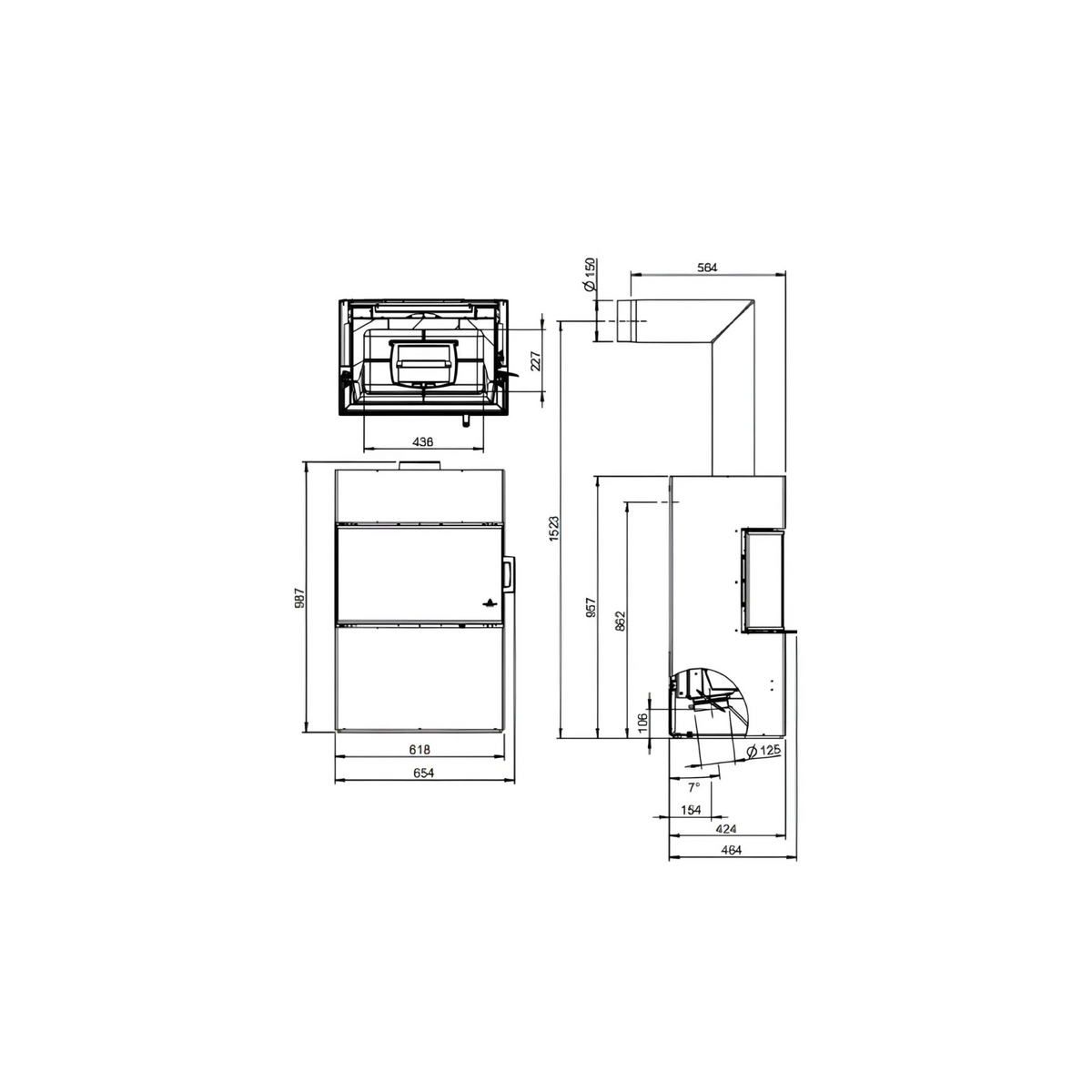 Technische Zeichnung Kaminofen Austroflamm Dexter S3