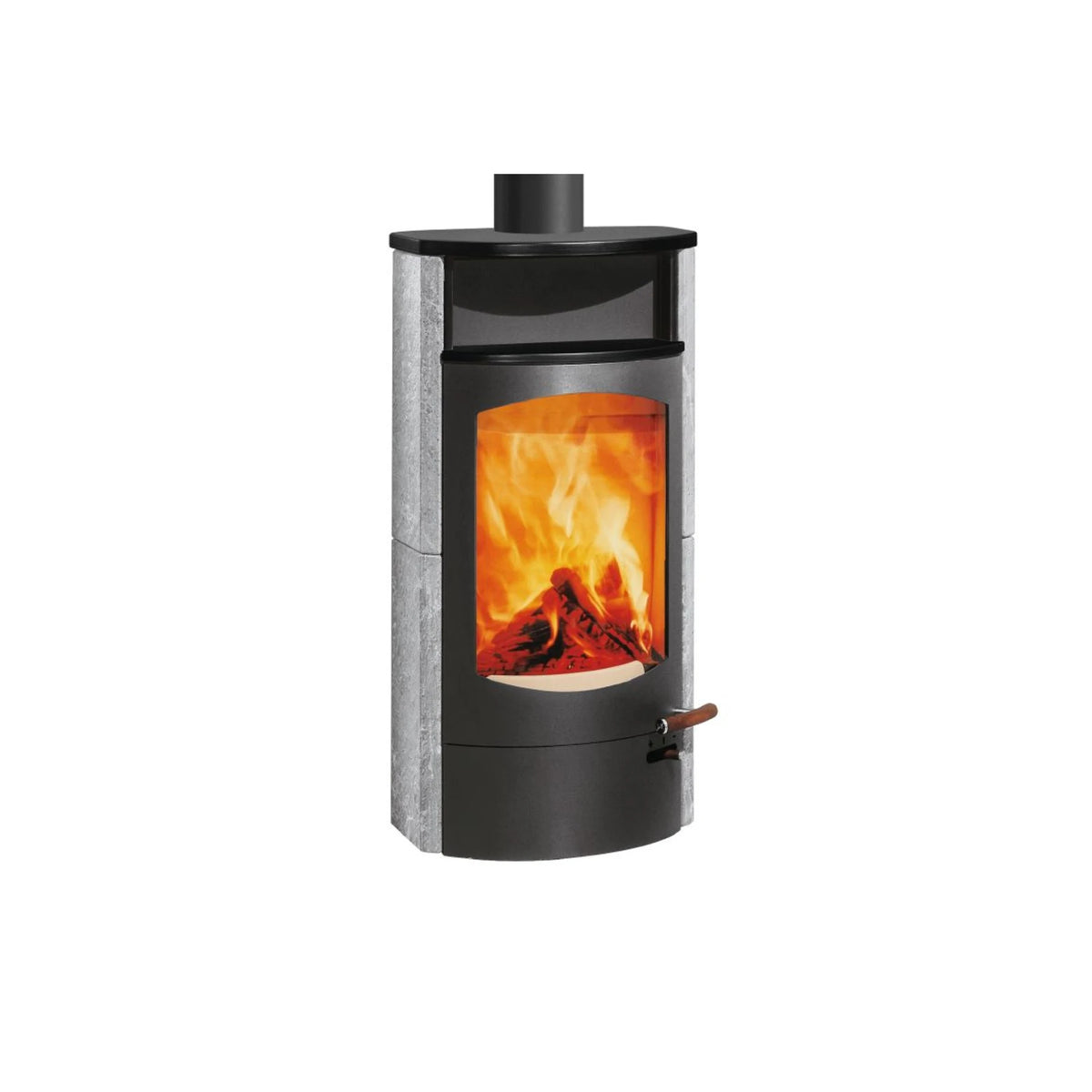 Kaminofen Austroflamm Koko 2.0 – Freisteller, Ausführung Speckstein, Warmhaltefach Keramik Schwarz matt, Topplatte Keramik Schwarz matt, Rauchrohranschluss oben