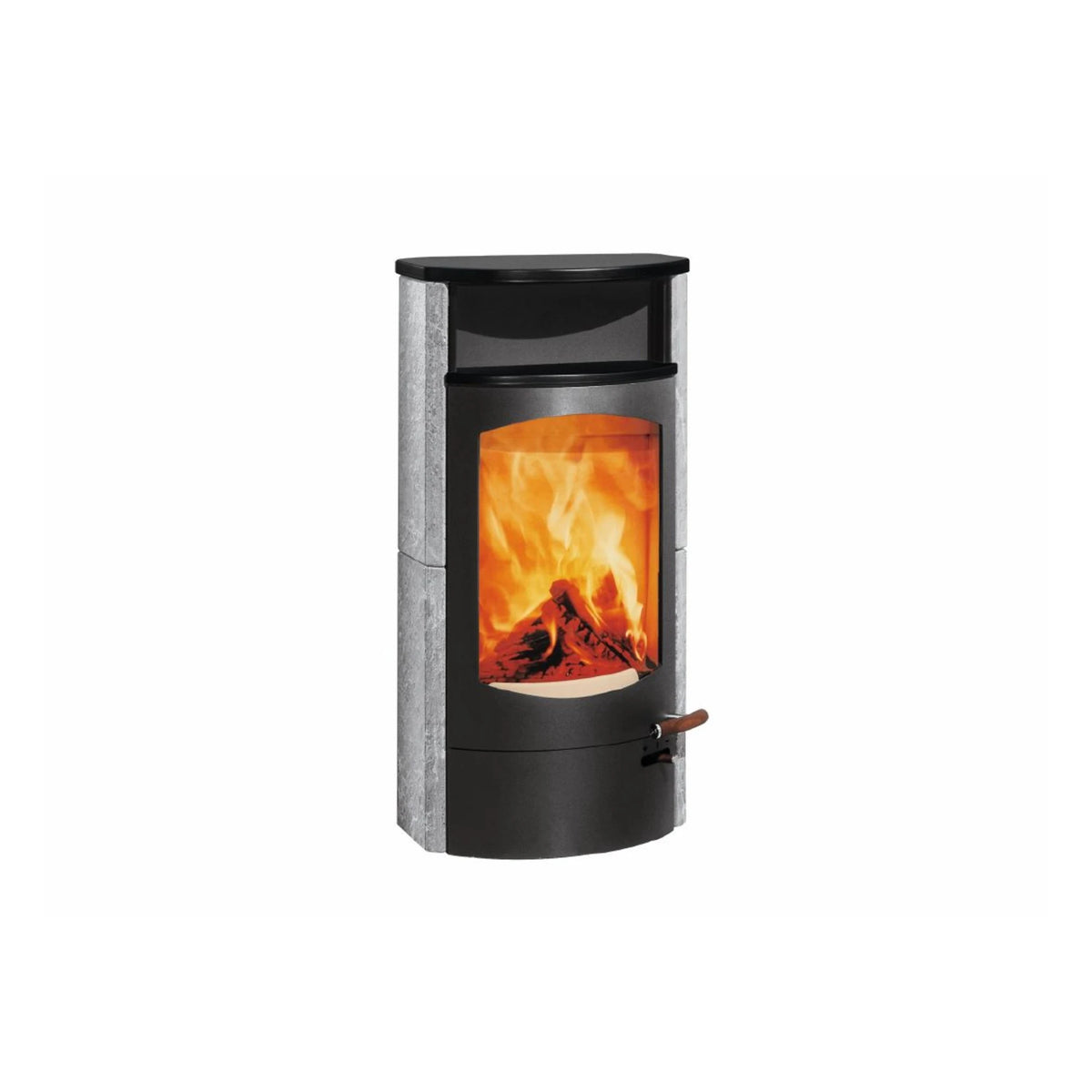 Kaminofen Austroflamm Koko 2.0 – Freisteller, Ausführung Speckstein, Warmhaltefach Keramik Schwarz matt, Topplatte Keramik Schwarz matt, Rauchrohranschluss hinten