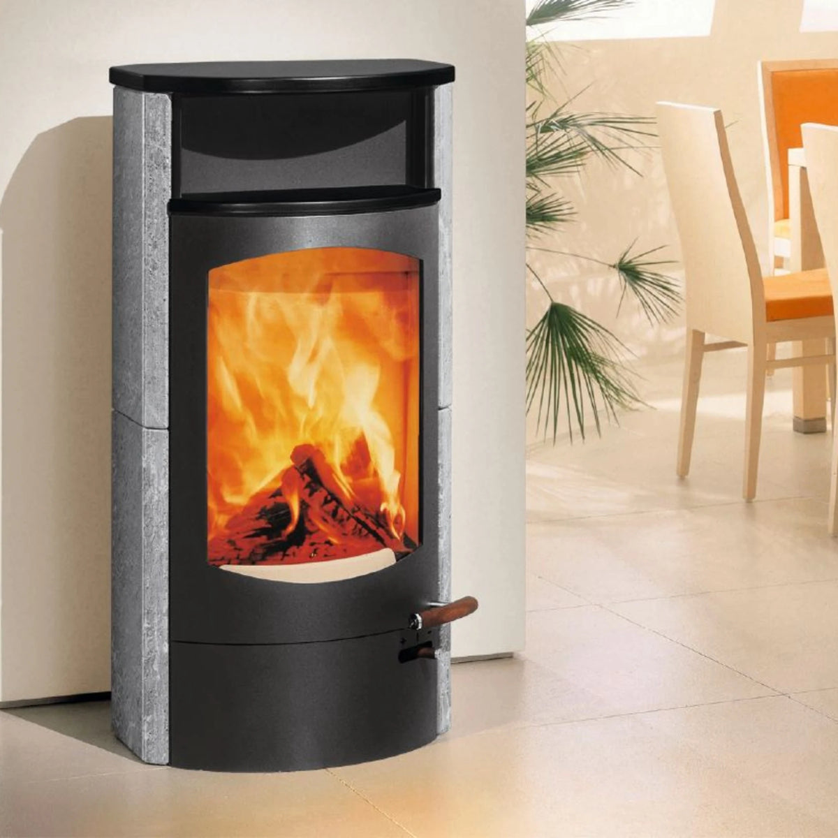 Kaminofen Austroflamm Koko 2.0 (6 kW) Speckstein, Warmhaltefach Keramik Schwarz matt, Topplatte Keramik Schwarz matt, Rauchrohranschluss hinten