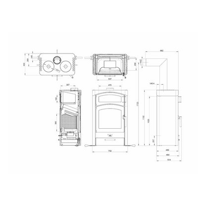 Technische Zeichnung Kaminofen Austroflamm Pallas Back
