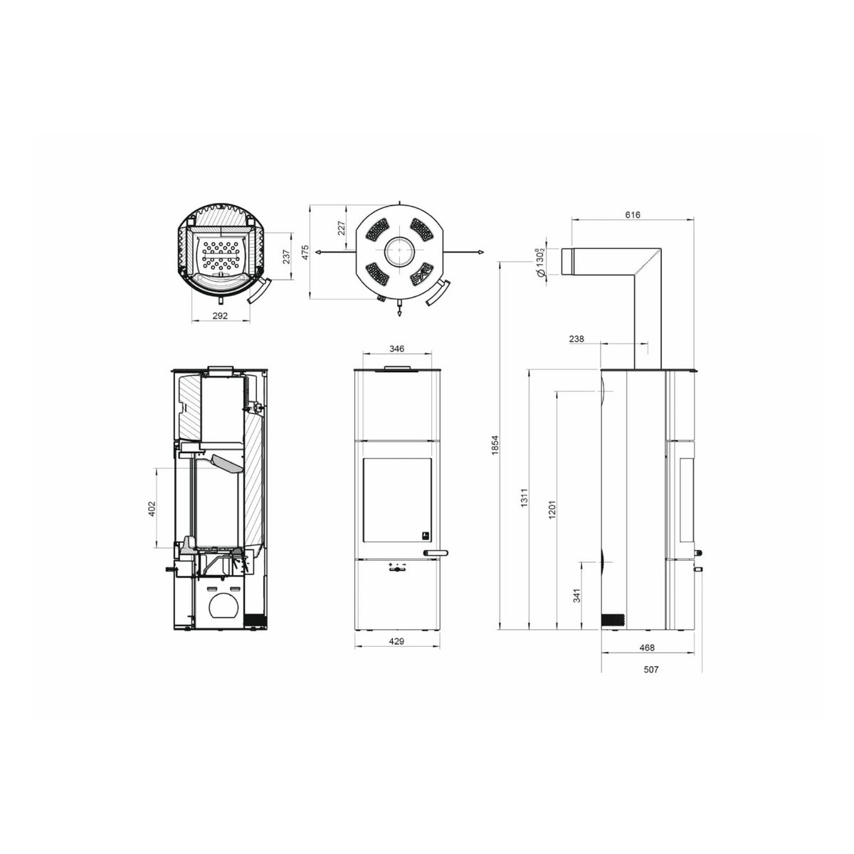 Technische Zeichnung Kaminofen Austroflamm Tower Xtra 2.0