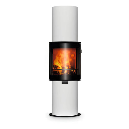 Kaminofen CERA DESIGN Faro | 6 kW – Säulenförmiger weißer Kaminofen mit Feuer