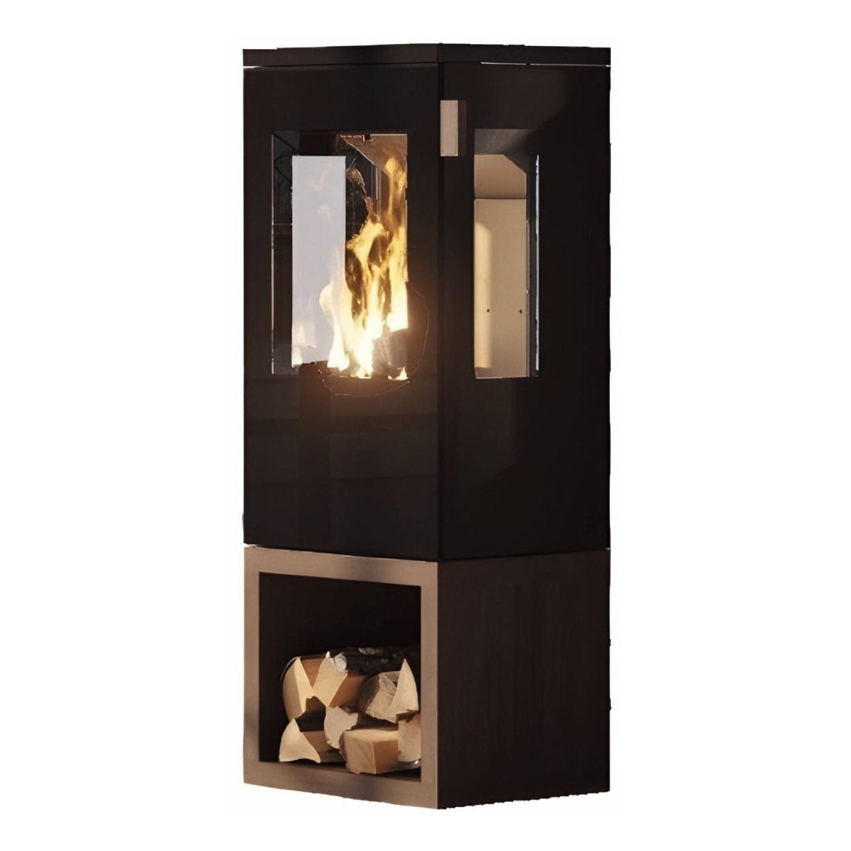 Kaminofen CERA DESIGN Galileo Glas | 5,5 kW – Kaminofen mit dunkler Glasverkleidung und Holzfach