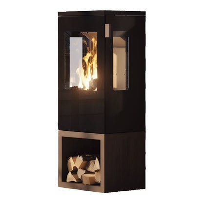 Kaminofen CERA DESIGN Galileo Glas | 5,5 kW – Kaminofen mit dunkler Glasverkleidung und Holzfach