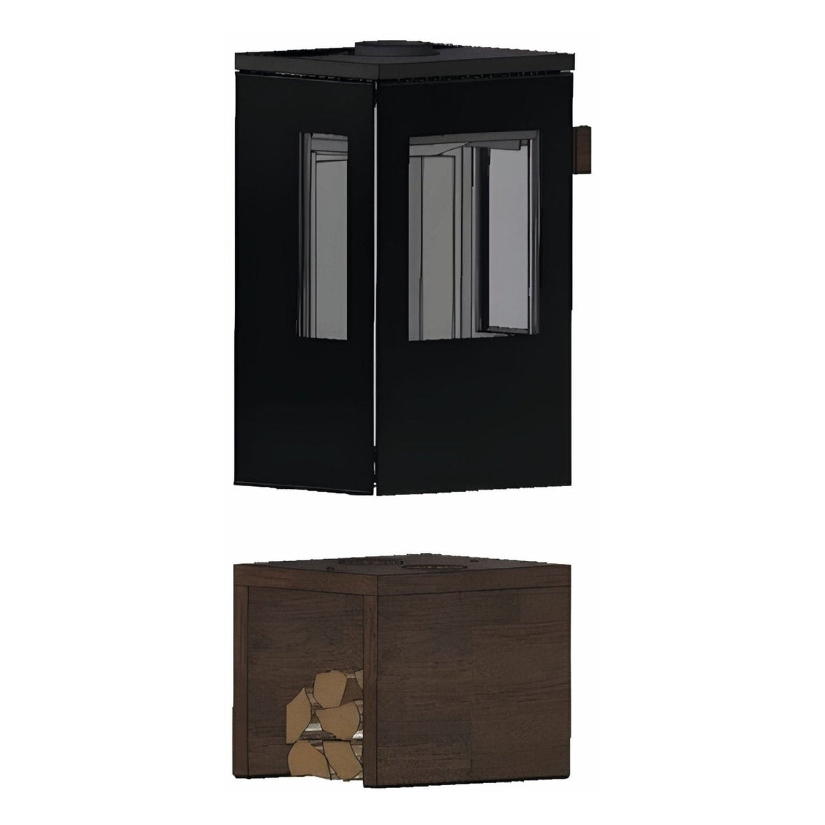 Kaminofen CERA DESIGN Galileo Glas | 5,5 kW – Kaminofen und separates Holzfachelement in schräger Ansicht