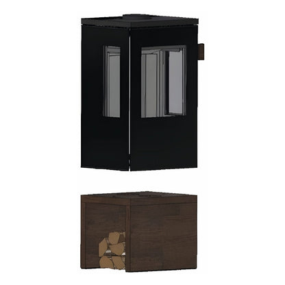 Kaminofen CERA DESIGN Galileo Glas | 5,5 kW – Kaminofen und separates Holzfachelement in schräger Ansicht