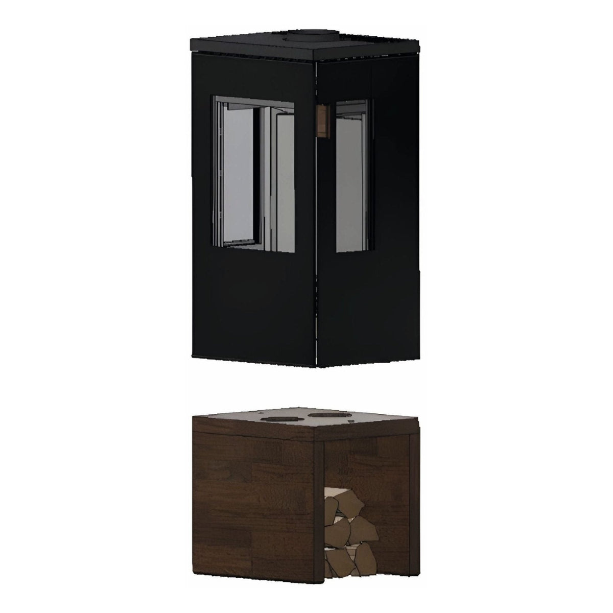 Kaminofen CERA DESIGN Galileo Glas | 5,5 kW – Kaminofen und separates Holzfachelement in schräger Ansicht