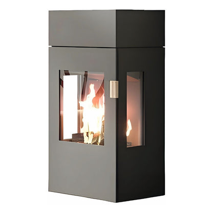 Kaminofen CERA DESIGN Galileo Stahl | 6 kW – Eckiger Kaminofen mit mehrseitiger Verglasung und Feuer