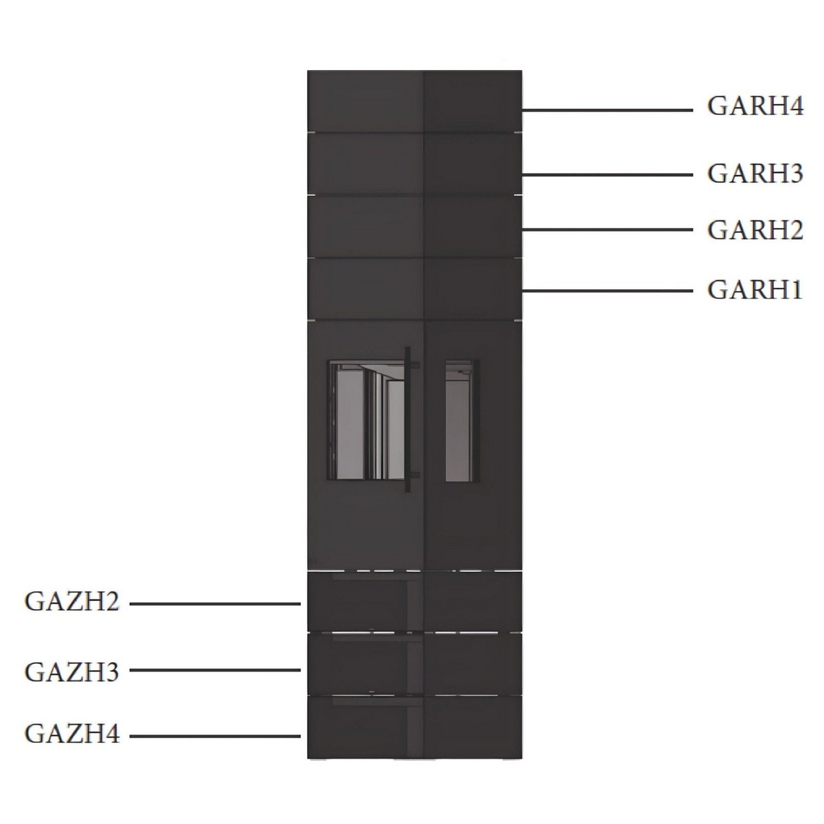 Kaminofen CERA DESIGN Galileo Stahl | 6 kW – Vollständige Bauteilübersicht mit Beschriftung der Aufsatz- und Unterbauelemente
