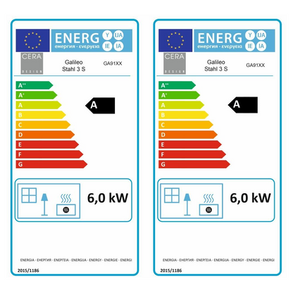 Kaminofen CERA DESIGN Galileo Stahl | 6 kW – Zwei vollständige Energielabel