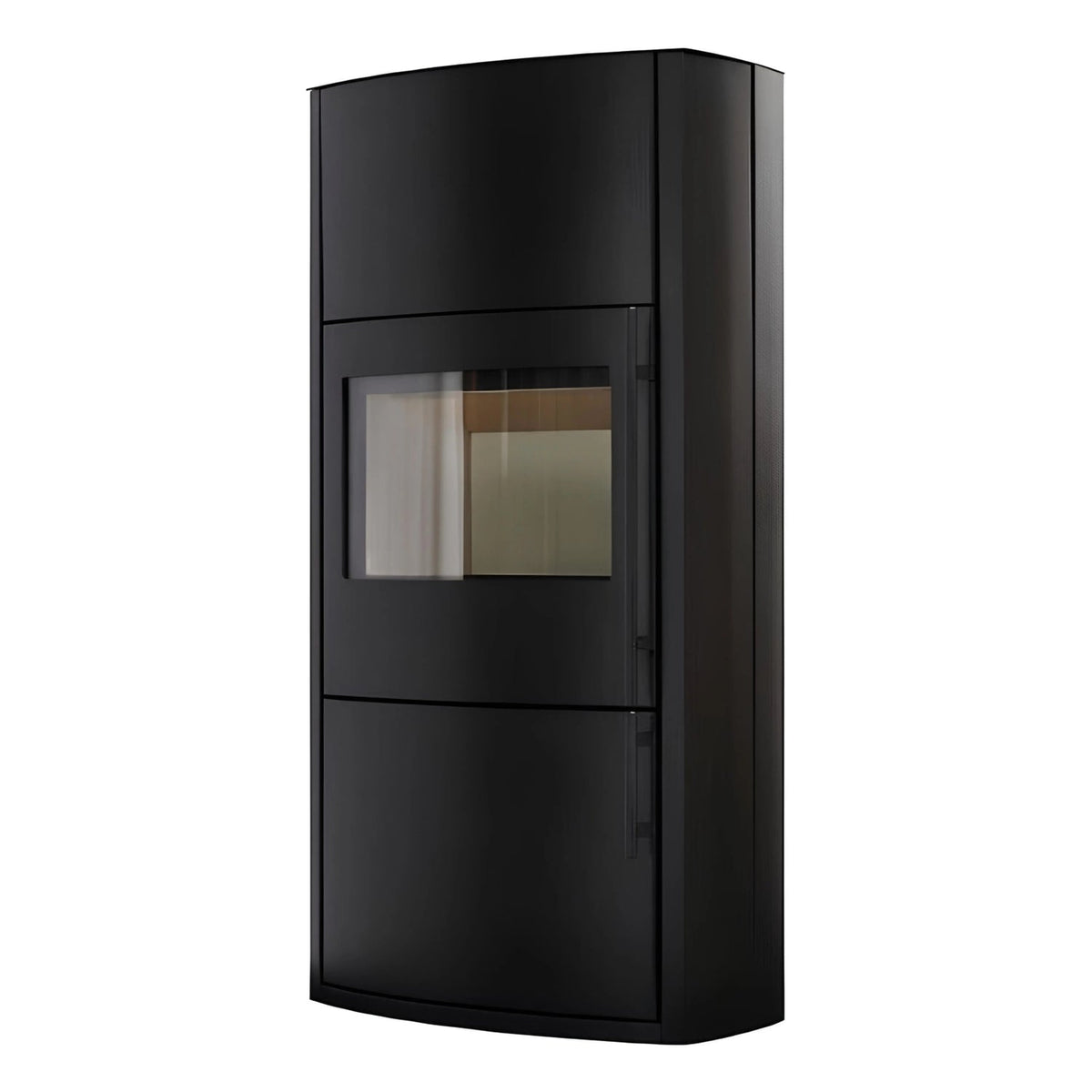 Kaminofen CERA DESIGN Genius | 7 kW – Schwarzer Kaminofen mit geschlossener Holzfachtür in schräger Ansicht