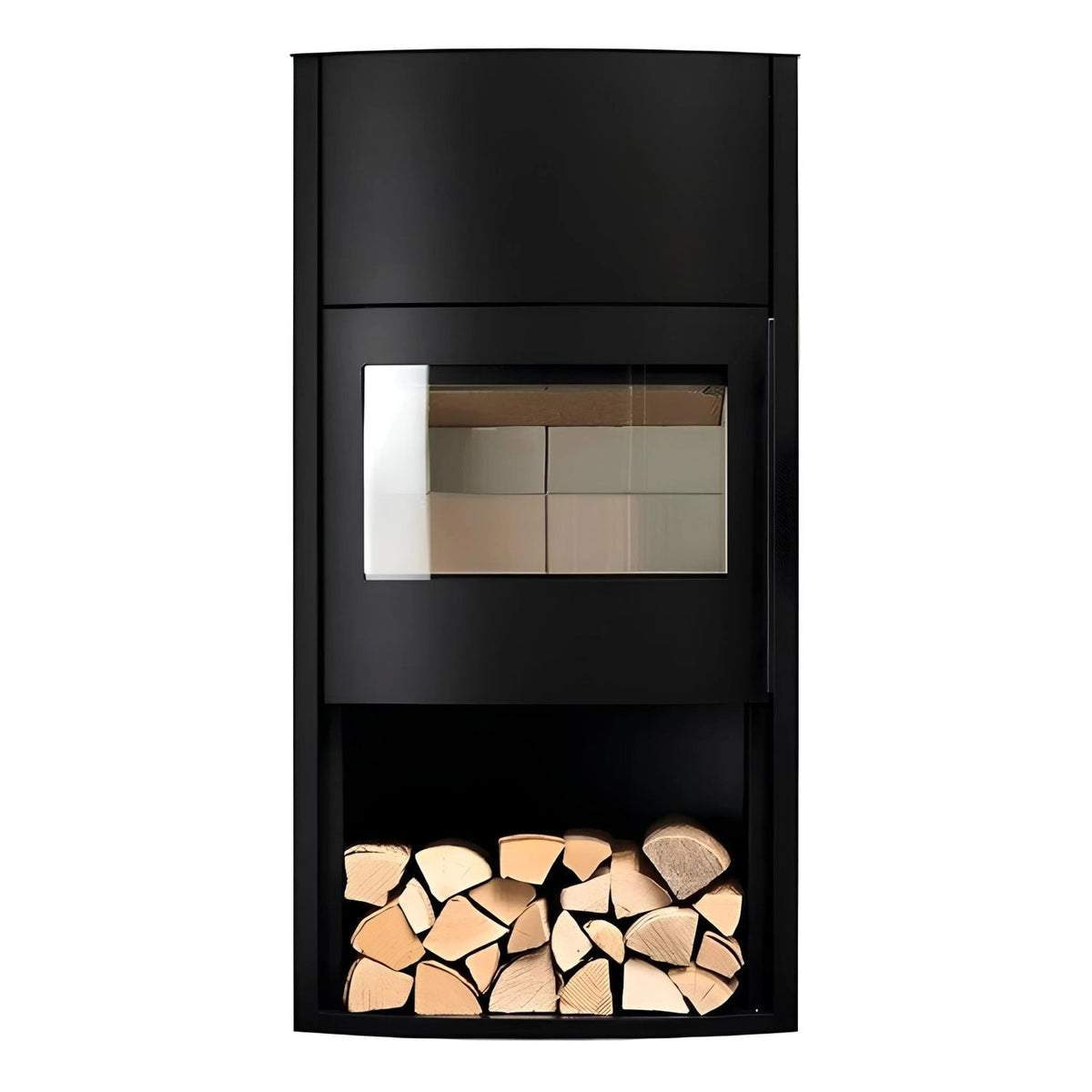 Kaminofen CERA DESIGN Genius | 7 kW – Schwarzer Kaminofen mit Holzfach in Frontansicht