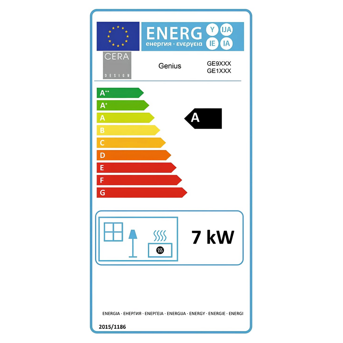Kaminofen CERA DESIGN Genius | 7 kW – Vollständiges Energielabel