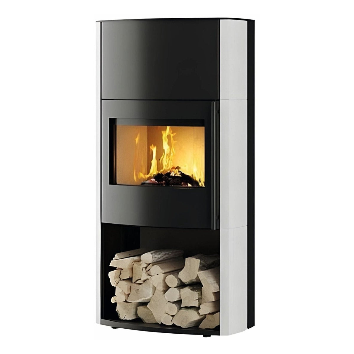 Kaminofen CERA DESIGN Genius Beton | 7 kW – Dunkler Kaminofen mit gefülltem Holzfach und seitlicher Verkleidung