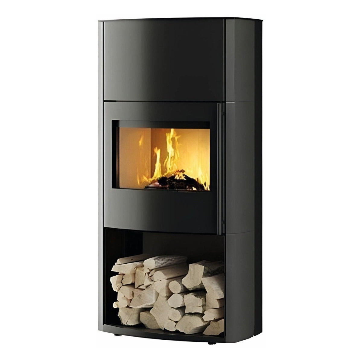Kaminofen CERA DESIGN Genius Beton | 7 kW – Dunkler Kaminofen mit gefülltem Holzfach und seitlicher Verkleidung