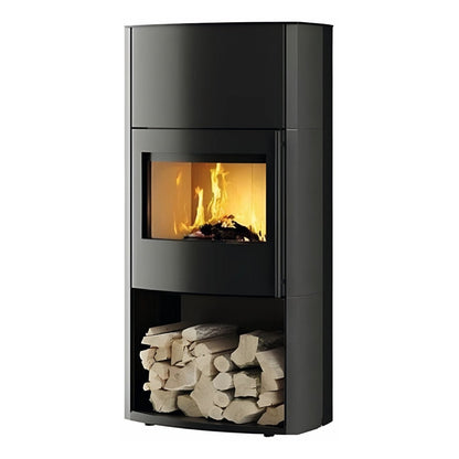 Kaminofen CERA DESIGN Genius Beton | 7 kW – Dunkler Kaminofen mit gefülltem Holzfach und seitlicher Verkleidung