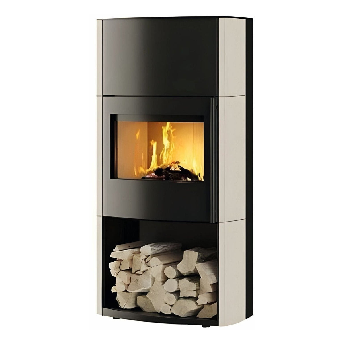 Kaminofen CERA DESIGN Genius Beton | 7 kW – Kaminofen mit heller Seitenverkleidung und gefülltem Holzfach