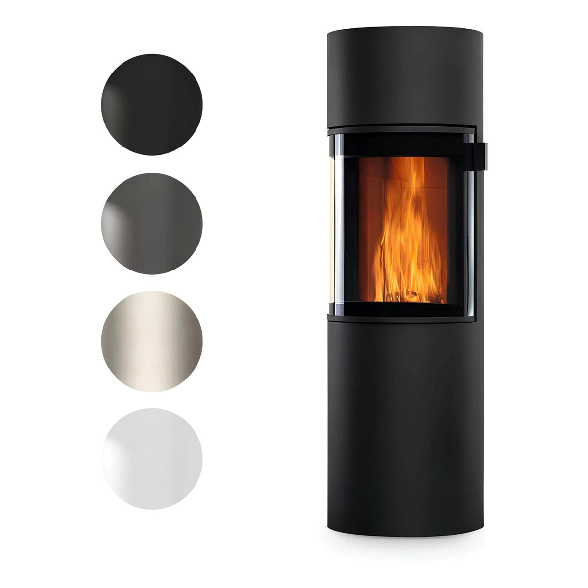 Kaminofen CERA DESIGN Prego X | 6 kW – Runder Kaminofen neben einer vollständigen Übersicht der Farboberflächen