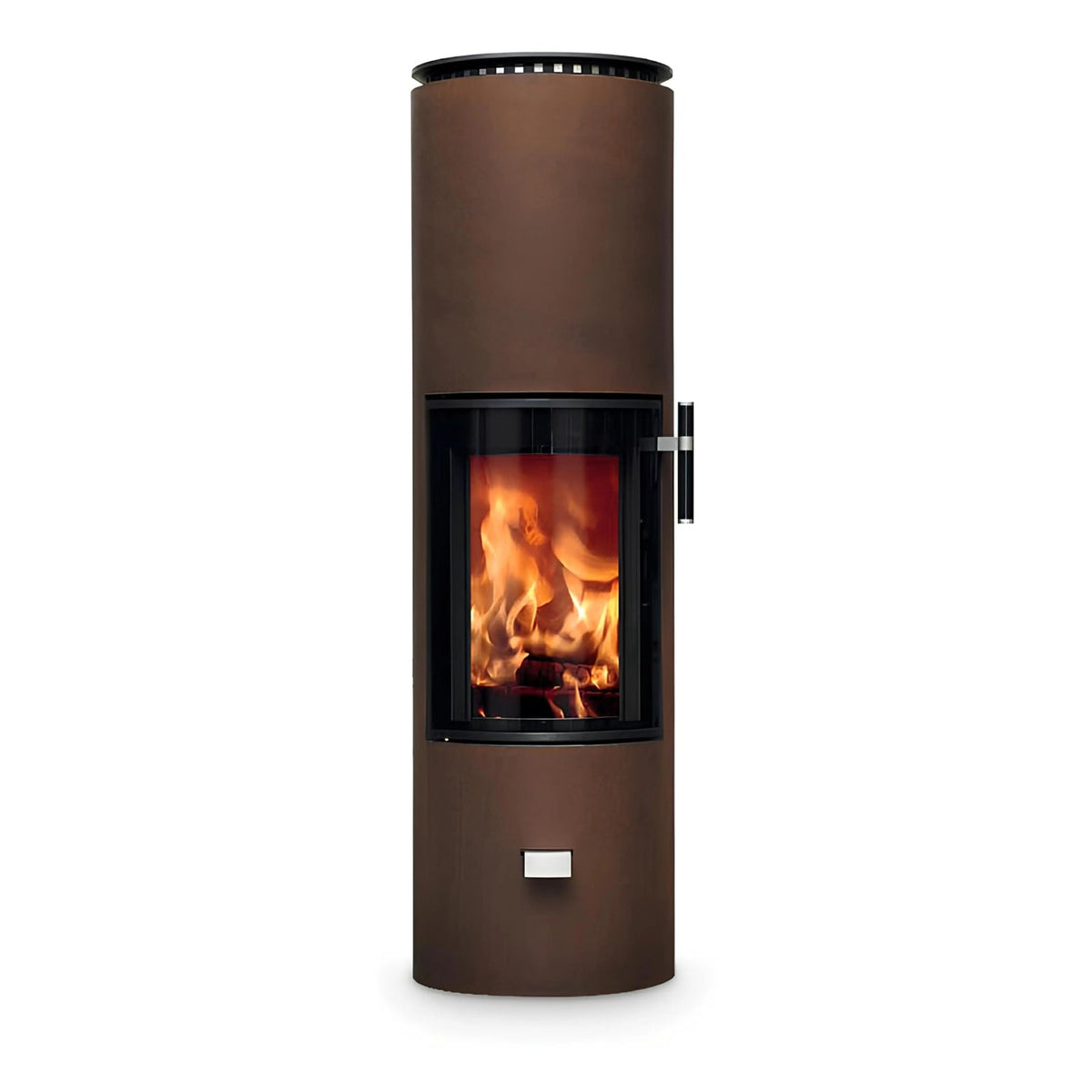 Kaminofen CERA DESIGN Solitherm | 6 kW – Runder brauner Kaminofen mit Feuer und seitlichem Griff