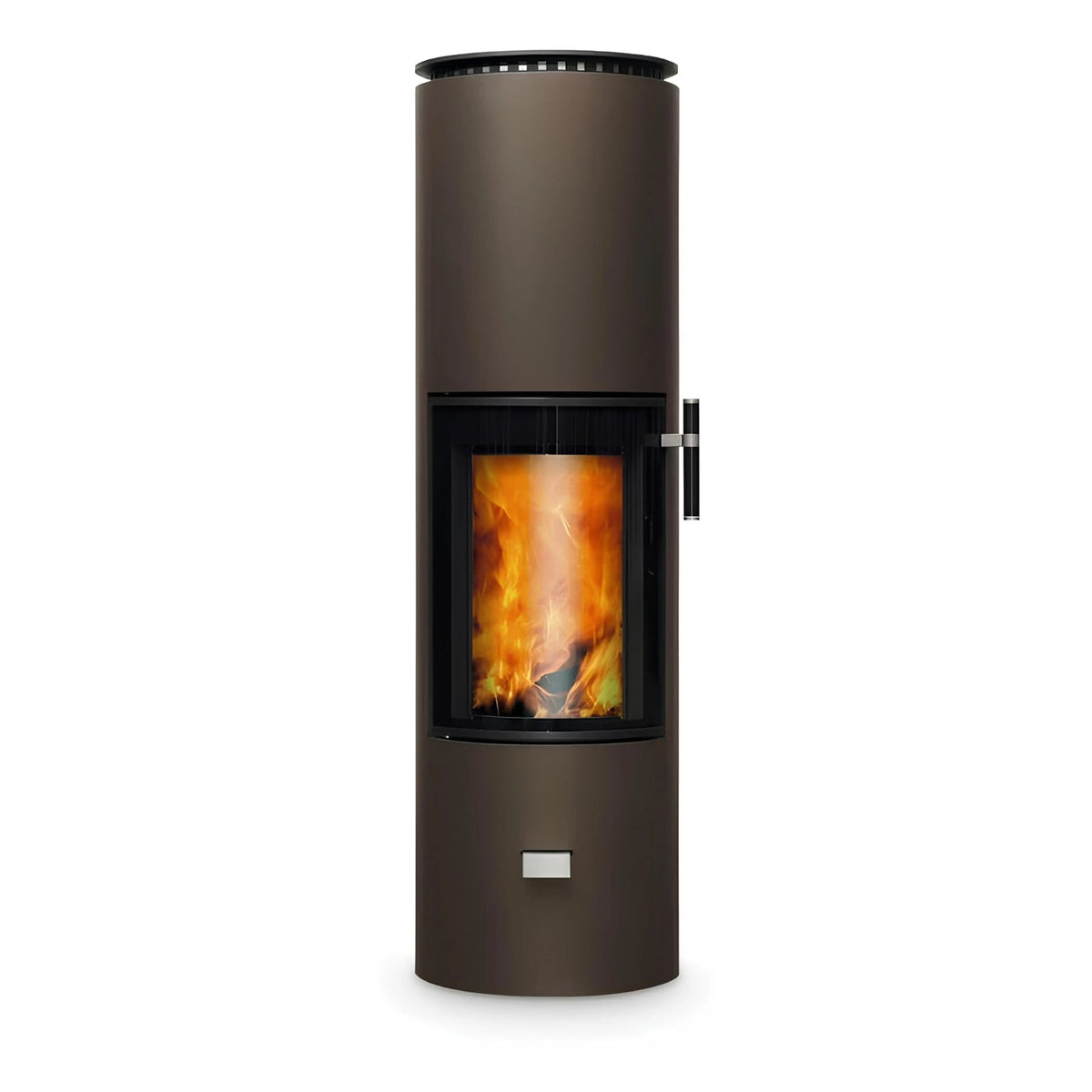 Kaminofen CERA DESIGN Solitherm | 6 kW – Runder dunkelbrauner Kaminofen mit Feuer und seitlichem Griff