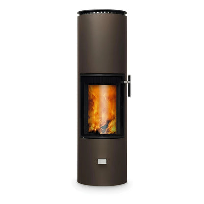Kaminofen CERA DESIGN Solitherm | 6 kW – Runder dunkelbrauner Kaminofen mit Feuer und seitlichem Griff